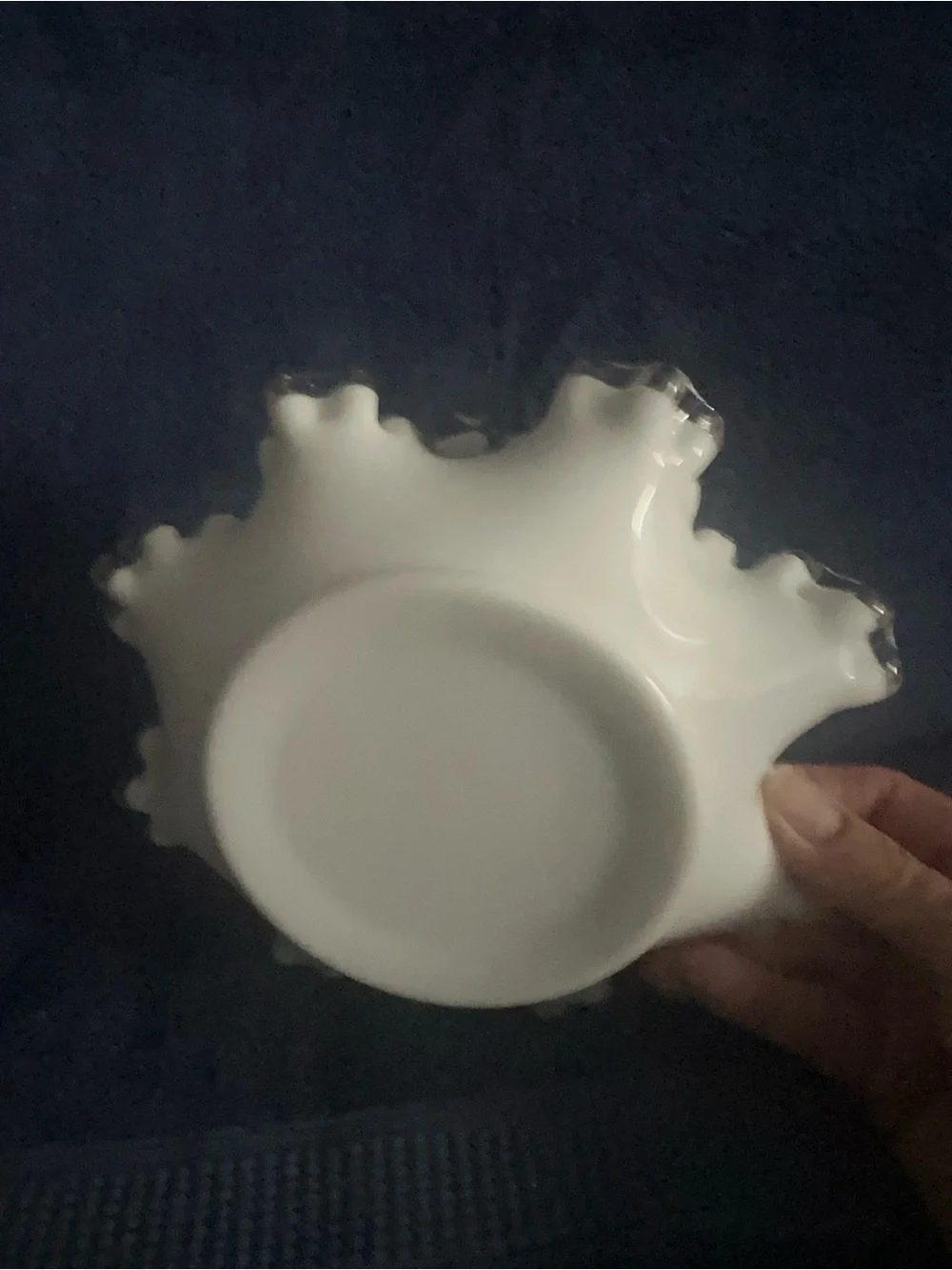 Fenton White Milk Glass Ruffled Basket with Clear Handle
